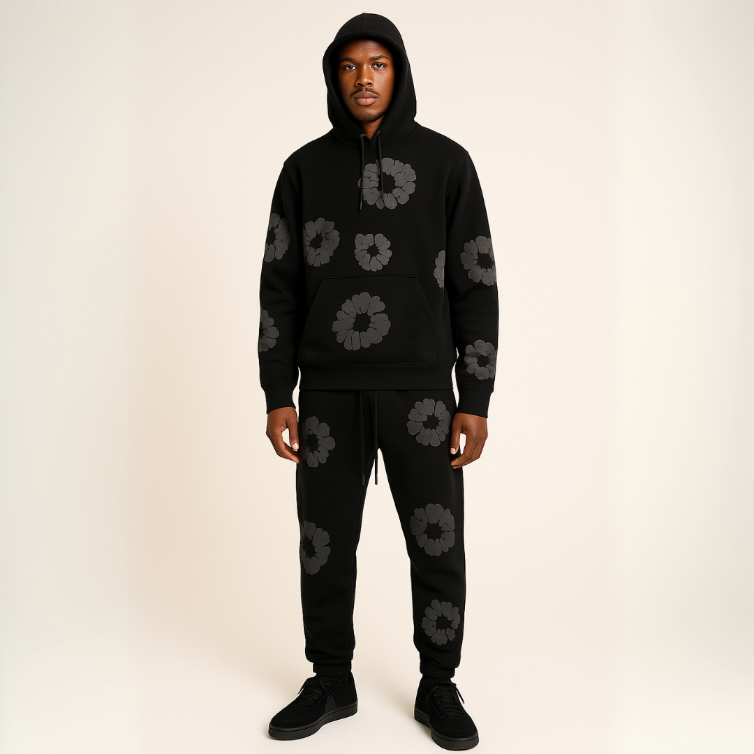 Gabriel - Unisex Hoodie Og Jogger Sæt Med Blomsterdesign I Premium Bomuldsblanding
