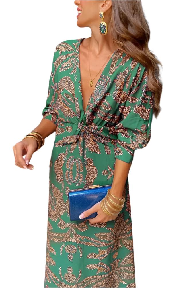 ISABELLE – Elegant V-Hals Kjole med Feminine Detaljer