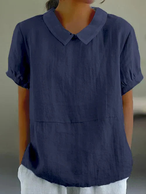 Elegant Dameslinnen Blouse Med Korte Ærmer Og Peter Pan Krave - Letvægtsdesign, Flatterende Pasform