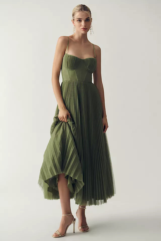 Elegant Plisseret Tüll Kjole Midi - Flatterende Bustier & Fit & Flare Design-1