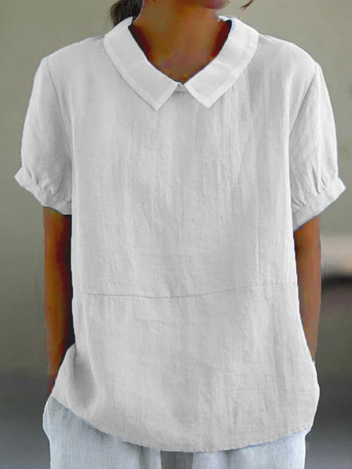 Elegant Dameslinnen Blouse Med Korte Ærmer Og Peter Pan Krave - Letvægtsdesign, Flatterende Pasform