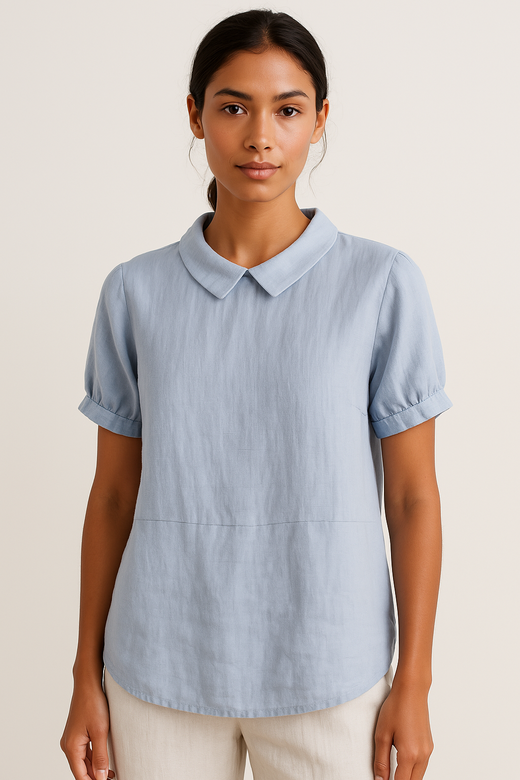 Elegant Dameslinnen Blouse Med Korte Ærmer Og Peter Pan Krave - Letvægtsdesign, Flatterende Pasform