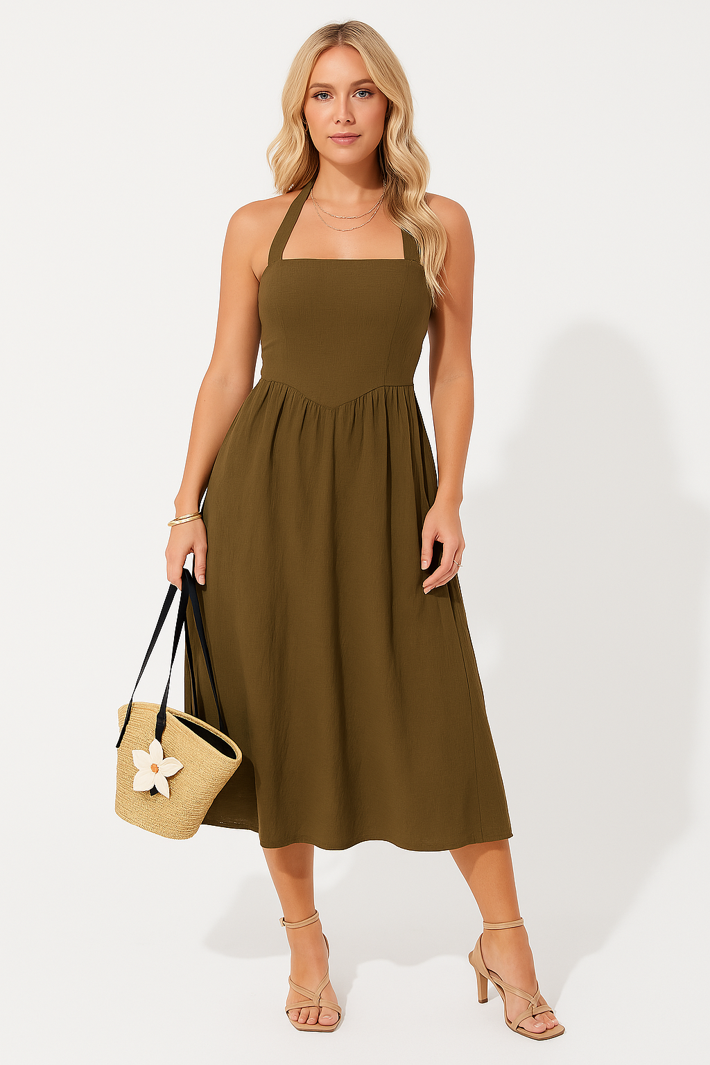 Elegant Hvid Sommerkjole - Halterhals Midi Kjole i Kvalitets Katoen-Linned Blend