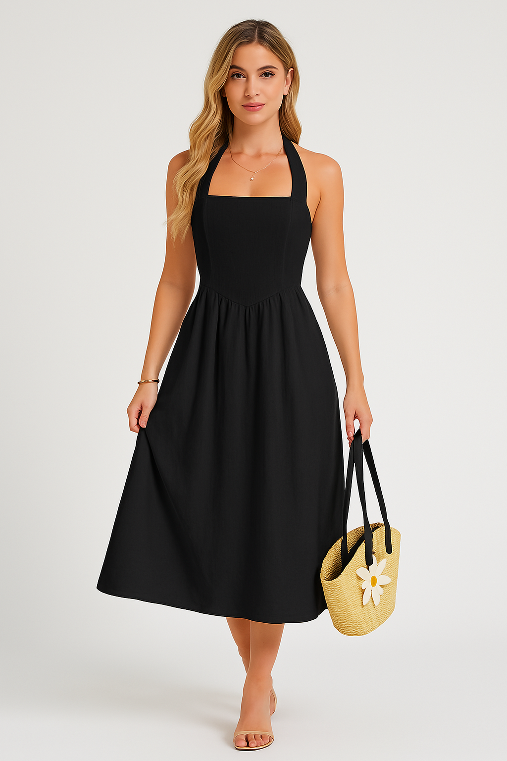 Elegant Hvid Sommerkjole - Halterhals Midi Kjole i Kvalitets Katoen-Linned Blend