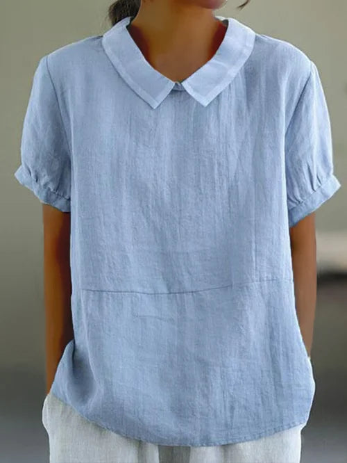 Variant image for Elegant Dameslinnen Blouse Med Korte Ærmer Og Peter Pan Krave - Letvægtsdesign, Flatterende Pasform-1