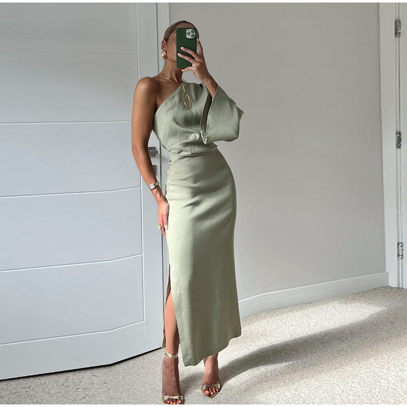 Elegant One-Shoulder Maxi Kjole i Frisk Grøn - Komfortabel Pasform & Moderne Design