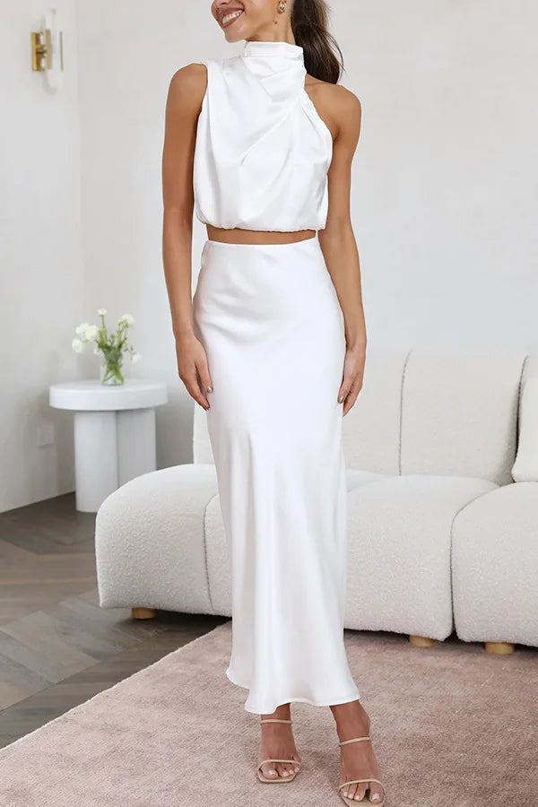 Elegant Satijn Halter Maxi Kjole - Luksuriøs Sommerkjole til Bryllupper