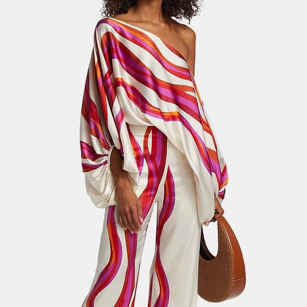 Elegant Satin Sæt til Damer - Off-Shoulder Top med Unikt Mønster og Luksuriøs Glans