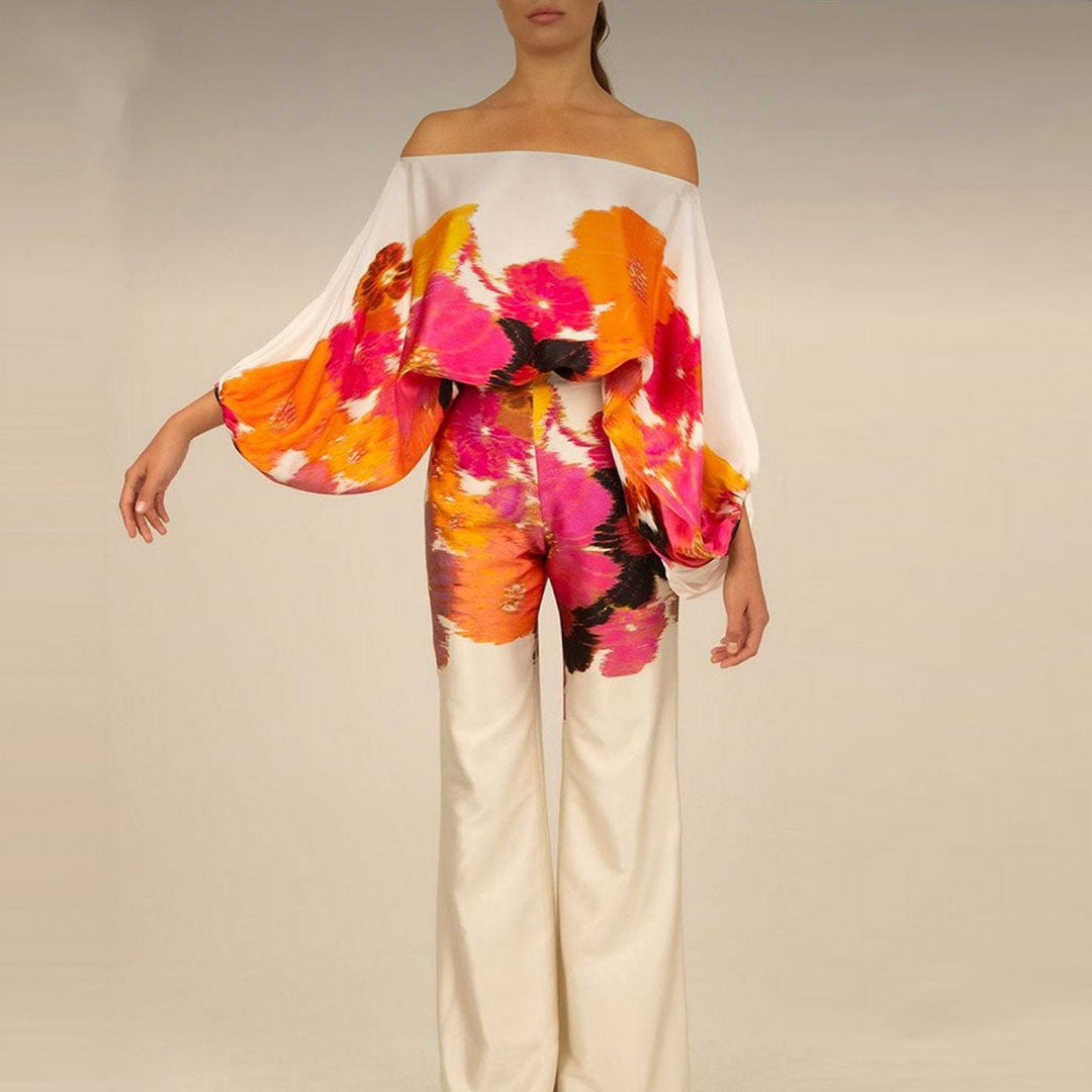 Elegant Satin Sæt til Damer - Off-Shoulder Top med Unikt Mønster og Luksuriøs Glans