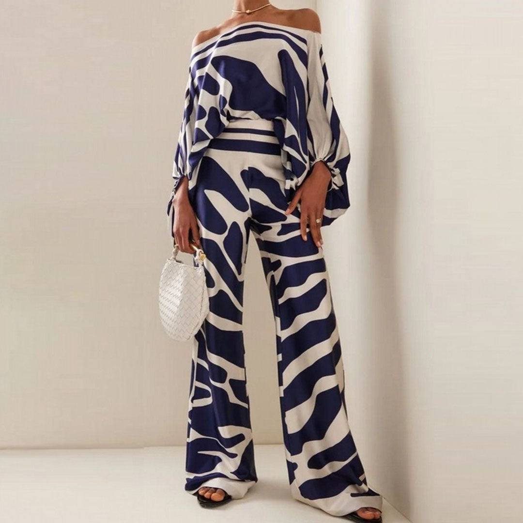 Elegant Satin Sæt til Damer - Off-Shoulder Top med Unikt Mønster og Luksuriøs Glans