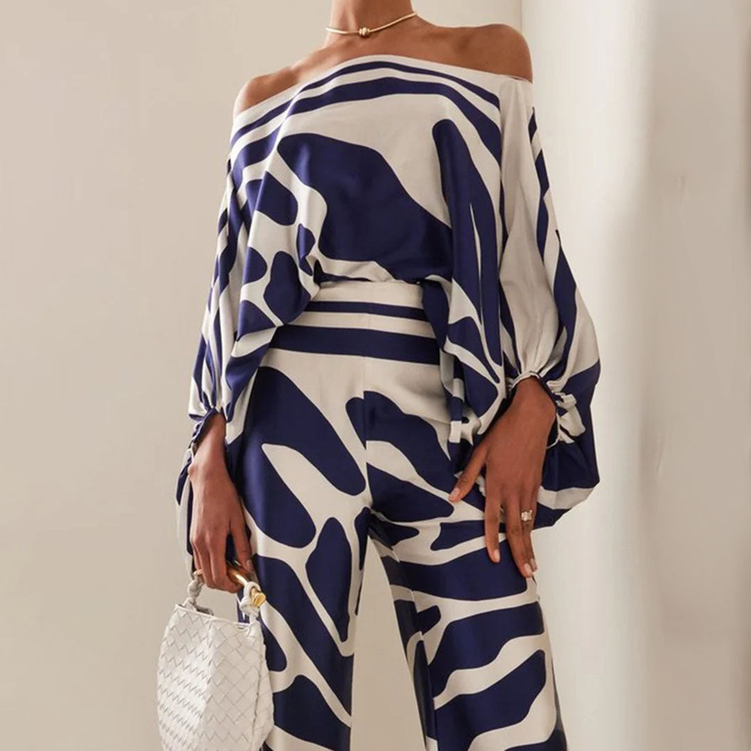 Elegant Satin Sæt til Damer - Off-Shoulder Top med Unikt Mønster og Luksuriøs Glans