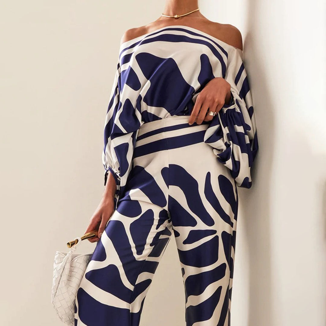 Elegant Satin Sæt til Damer - Off-Shoulder Top med Unikt Mønster og Luksuriøs Glans
