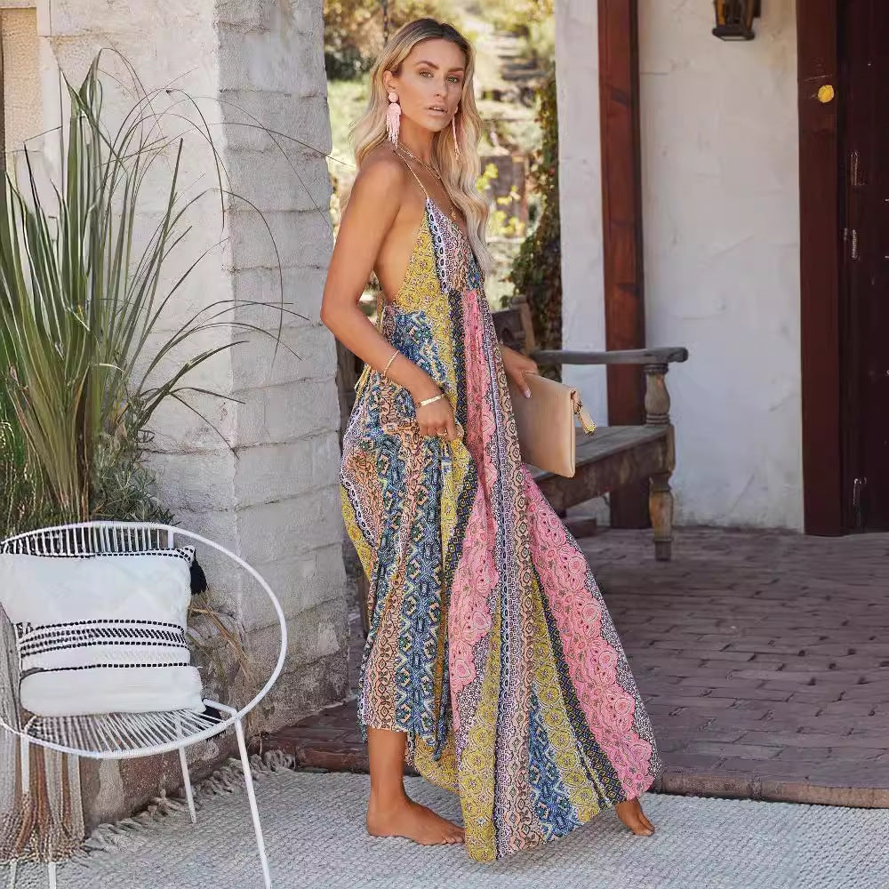 Elegant Sort Lang Kjole Maxi - V-Hals, Åben Ryg, Let Katoenmix til Damer