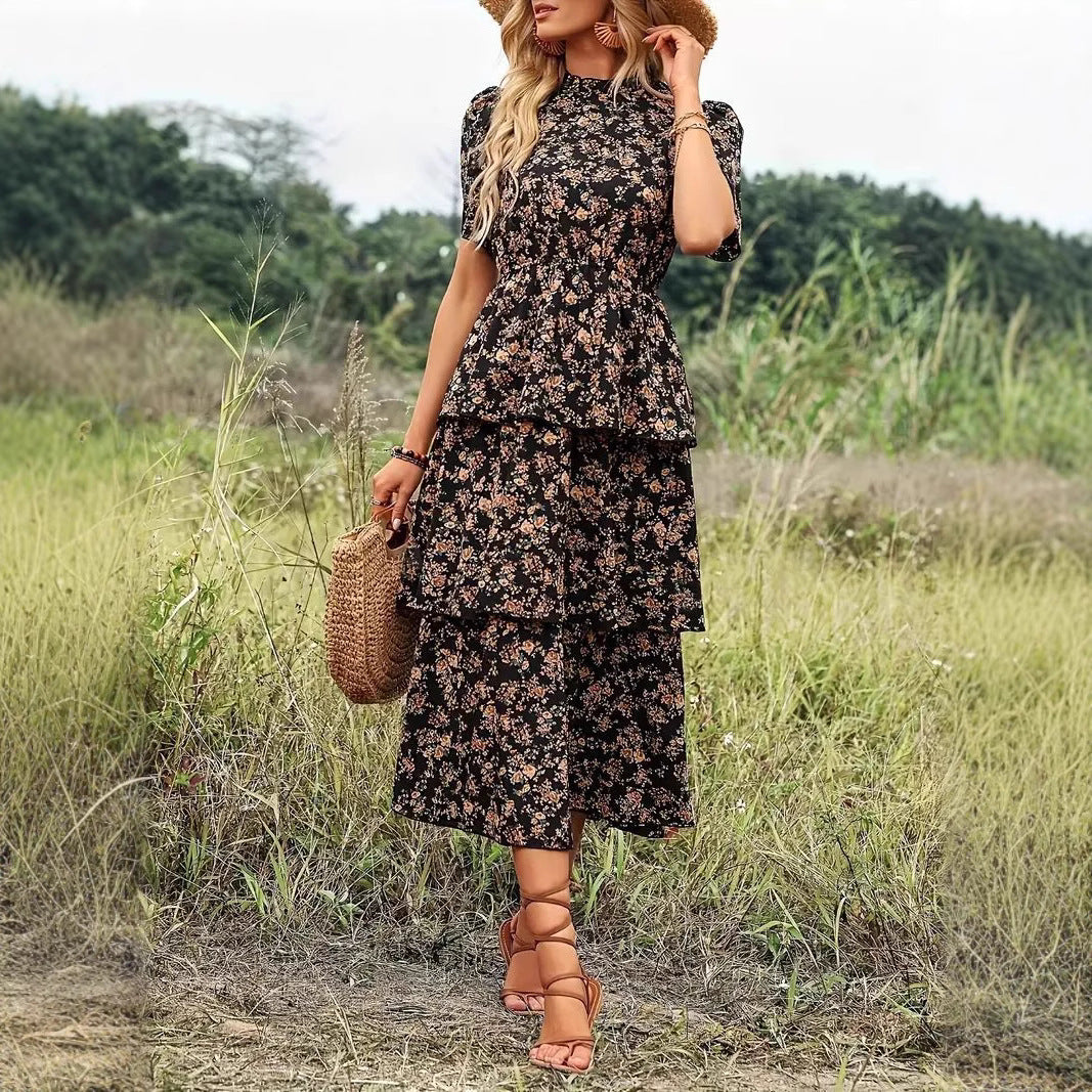 Elegante Midi-Jurk Med Blomsterprint Og Puffmouw - Flatterende Design Og Gedefineret Talje