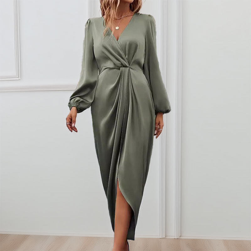 Elegant Dameskjole med Puffmouw og V-hals - Satin Finish til Festligheder