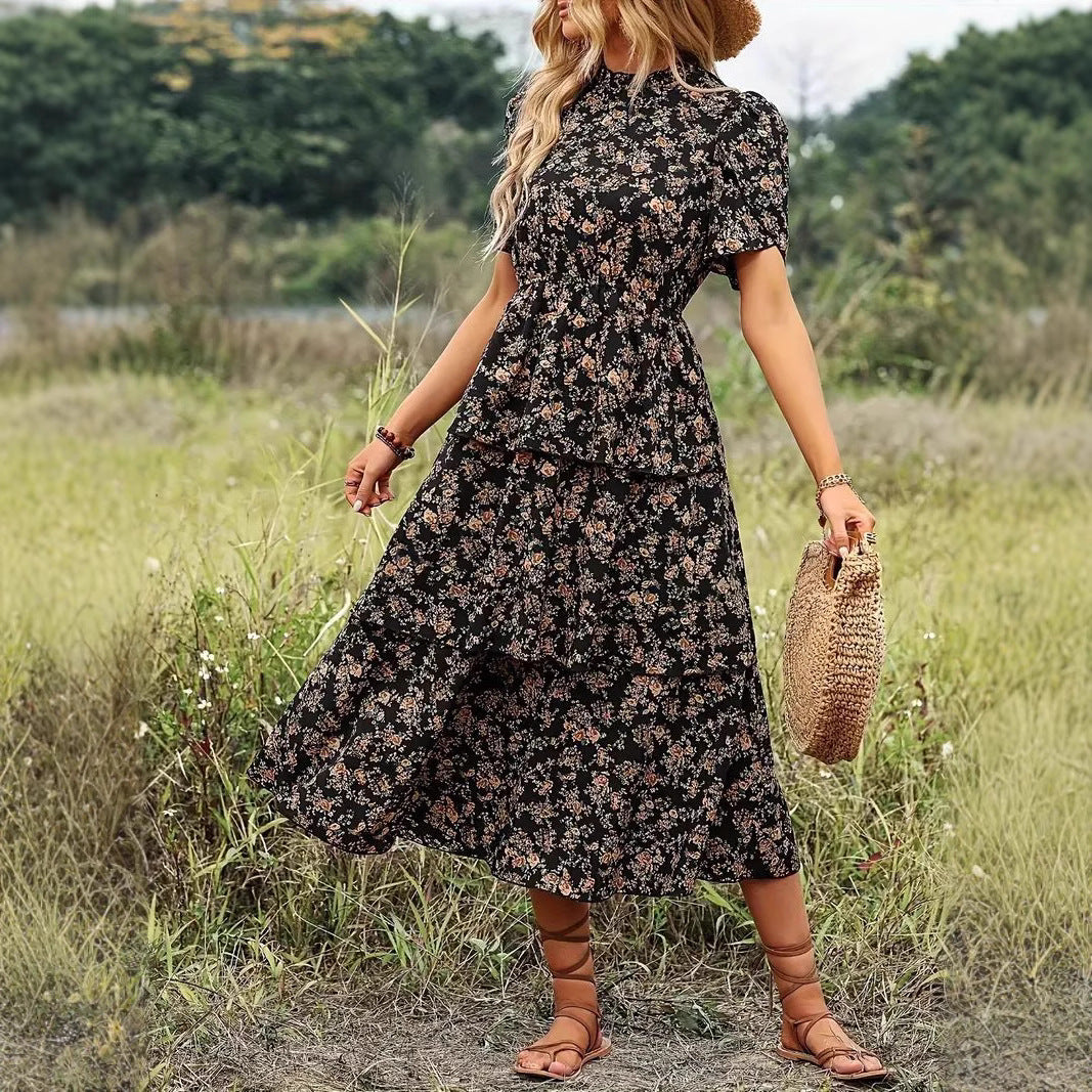Elegante Midi-Jurk Med Blomsterprint Og Puffmouw - Flatterende Design Og Gedefineret Talje