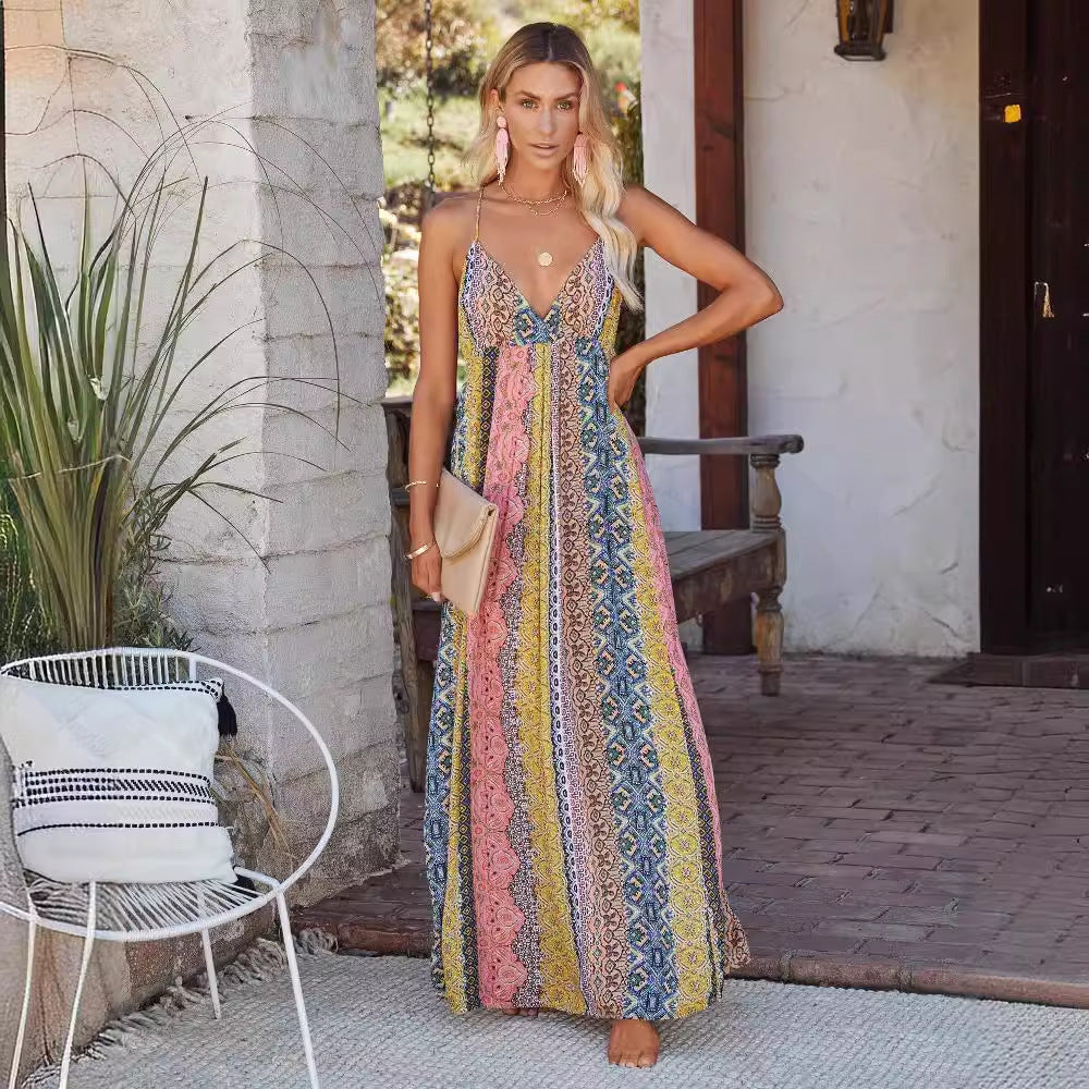 Elegant Sort Lang Kjole Maxi - V-Hals, Åben Ryg, Let Katoenmix til Damer