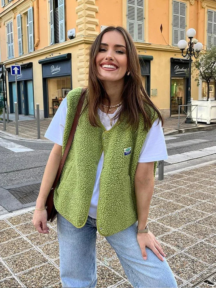 MIRA - Højkvalitets Fleece Vest i Blødt Sherpa-Stof med Oversized Pasform