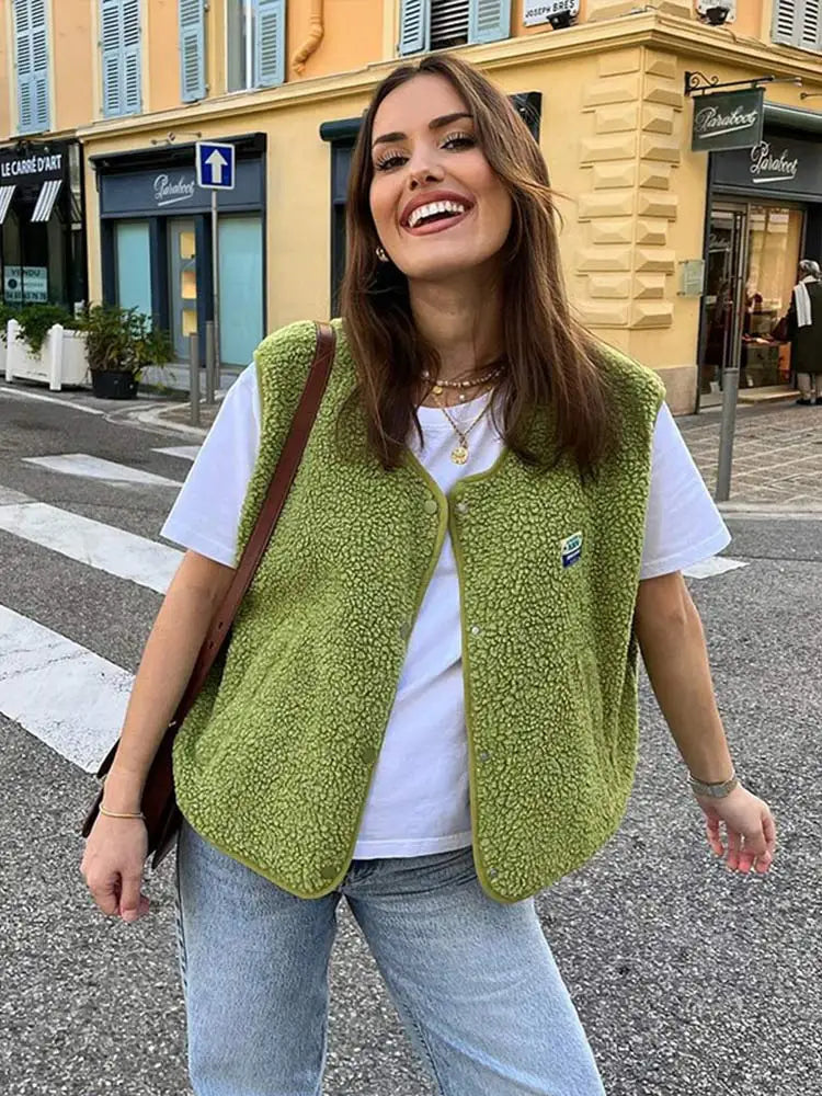 MIRA - Højkvalitets Fleece Vest i Blødt Sherpa-Stof med Oversized Pasform