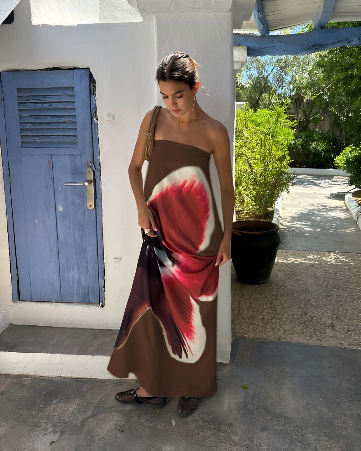 Variant image for Liva - Elegant Anthene Kjole Med Asymmetrisk Halslinje & Blomsterdesign-3