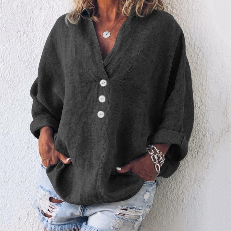 Elegance-Urban - Oversized Linned Skjorte Med V-Hals og Knaplukning