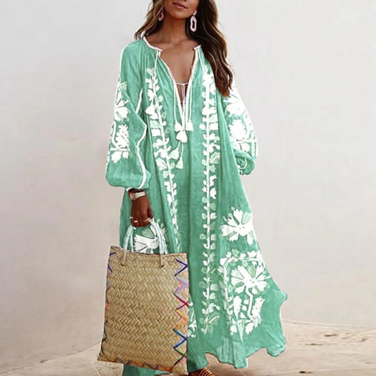 Boheme Blomster Maxi Kjole Med Lange Ærmer - Let Og Elegant Sommerlook-4