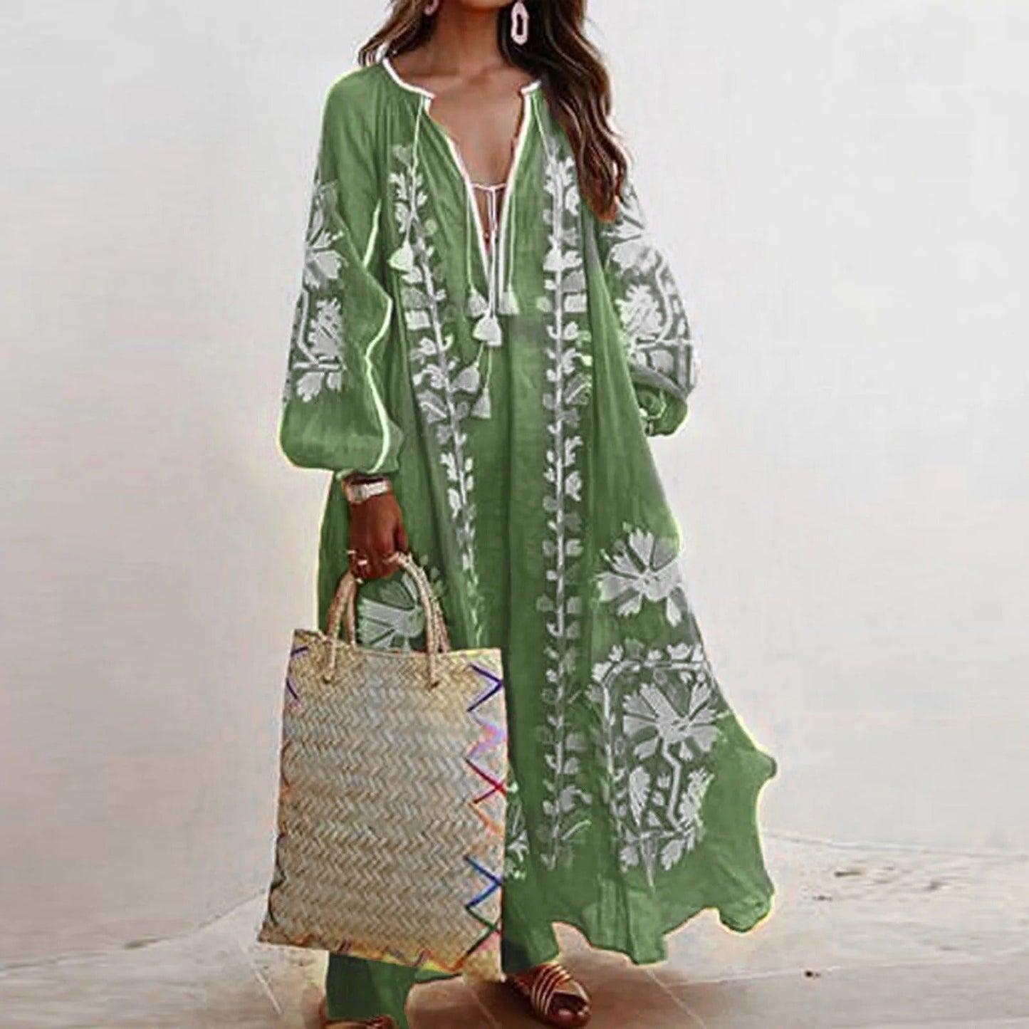 Boheme Blomster Maxi Kjole Med Lange Ærmer - Let Og Elegant Sommerlook-5