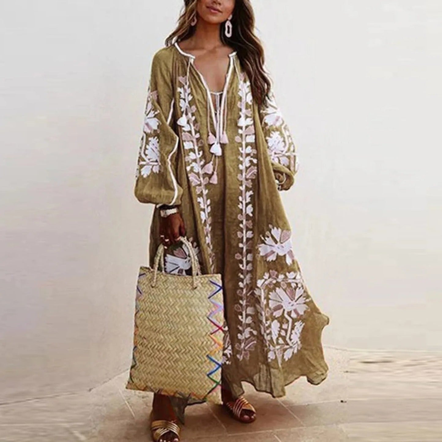Boheme Blomster Maxi Kjole Med Lange Ærmer - Let Og Elegant Sommerlook-6