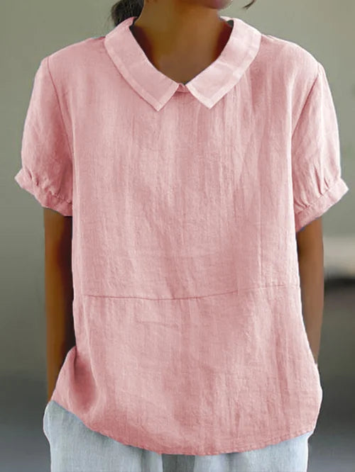 Elegant Dameslinnen Blouse Med Korte Ærmer Og Peter Pan Krave - Letvægtsdesign, Flatterende Pasform