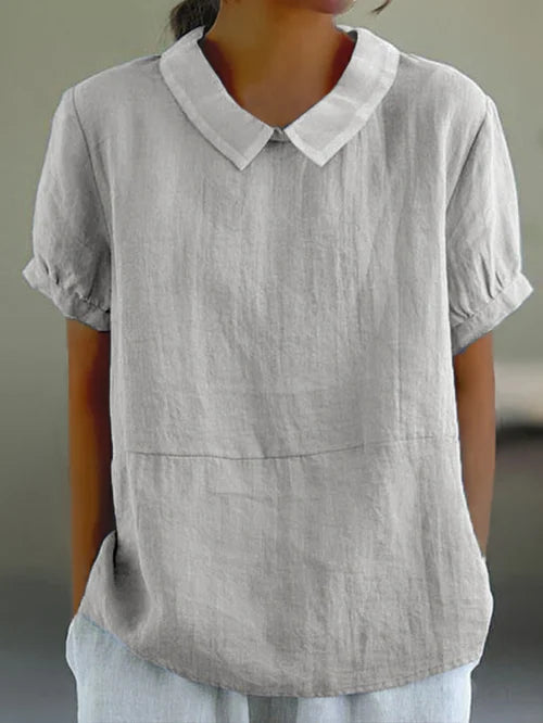 Elegant Dameslinnen Blouse Med Korte Ærmer Og Peter Pan Krave - Letvægtsdesign, Flatterende Pasform