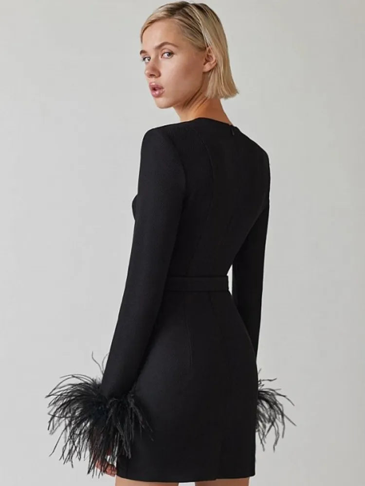 Elegant Langærmet Kjole Med Fjer - Komfortabel og Stilfuld Design til Alle Anledninger