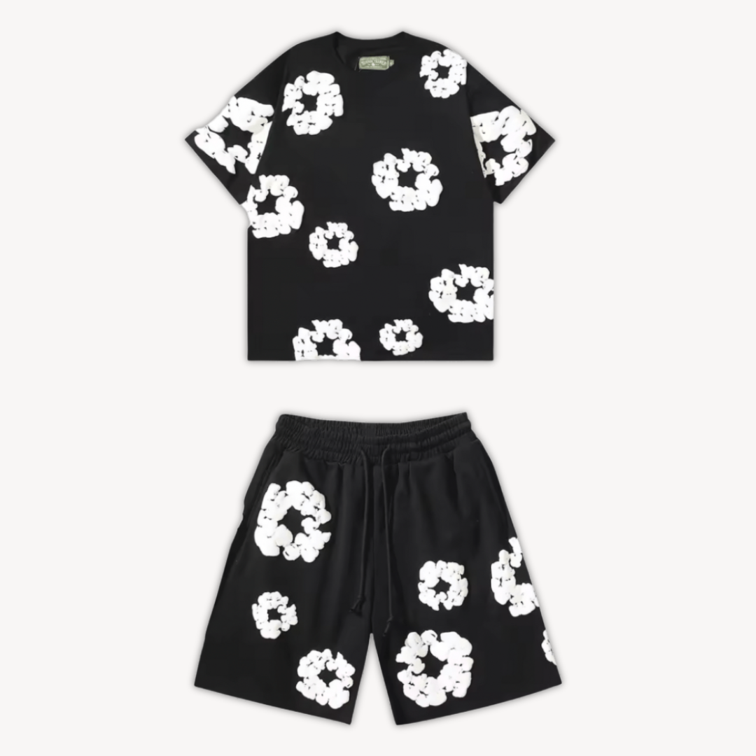 Thomas - Unisex Katoenen T-shirt og Shorts Sæt med Blomsterprint