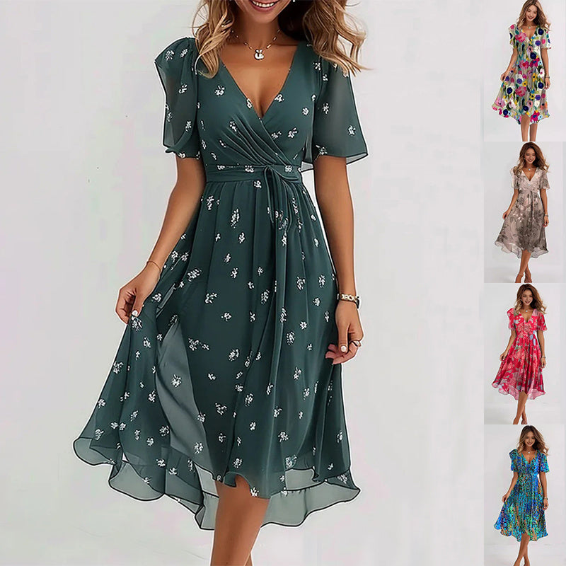 Linne - Elegant Floral Midi Kjole med Flatterende Pasform til Kvinder