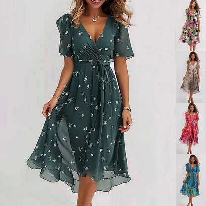 Linne - Elegant Floral Midi Kjole med Flatterende Pasform til Kvinder