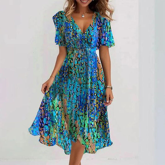 Linne - Elegant Floral Midi Kjole med Flatterende Pasform til Kvinder