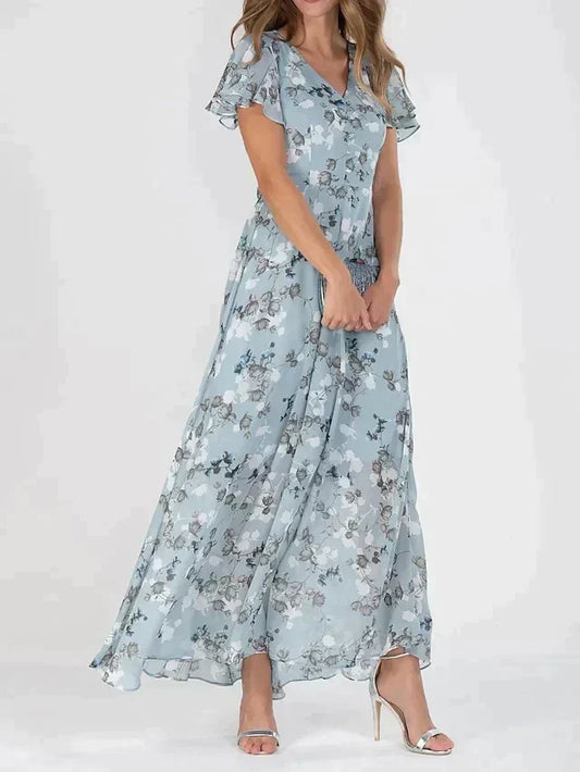 Elegant Maxi Kjole Med Blomsterprint Og V-Hals - Tidløs Kjole Maxi Til Enhver Anledning