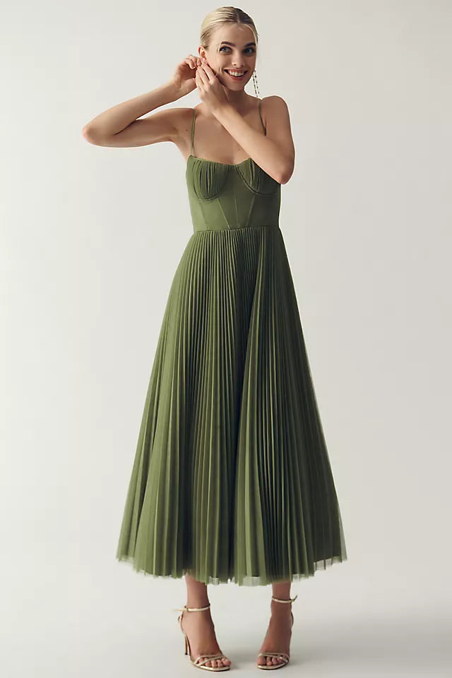 Elegant Plisseret Tüll Kjole Midi - Flatterende Bustier & Fit & Flare Design-3