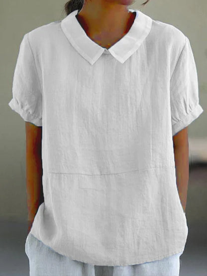Elegant Dameslinnen Blouse Med Korte Ærmer Og Peter Pan Krave - Letvægtsdesign, Flatterende Pasform