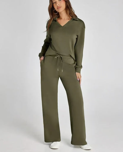 Variant image for Elegant Urban - Dames Lounge Sæt Med V-Hals Top Og Brede Bukser-25