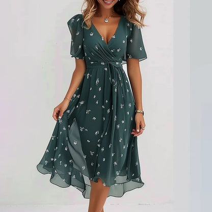 Linne - Elegant Floral Midi Kjole med Flatterende Pasform til Kvinder