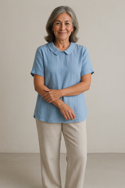 Dameslinnen Blouse Med Korte Ærmer & Peter Pan Krave – Letvægtsdesign, Vintage Stil-2
