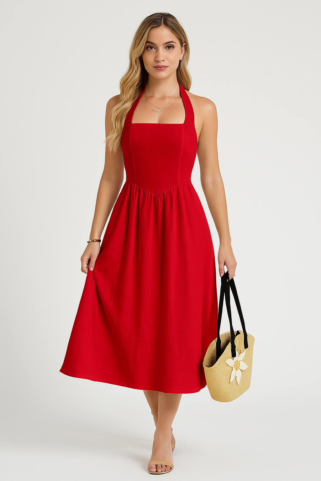 Elegant Hvid Sommerkjole - Halterhals Midi Kjole i Kvalitets Katoen-Linned Blend