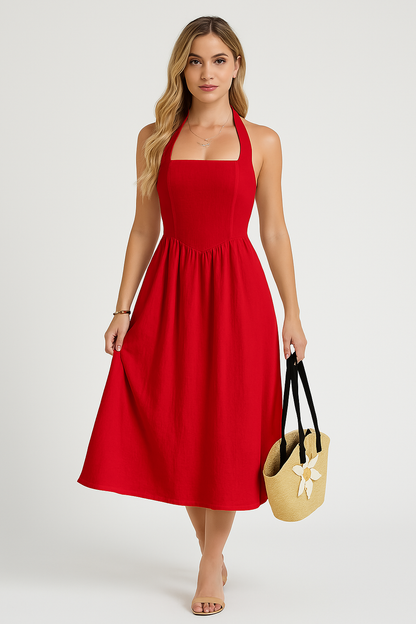 Elegant Hvid Sommerkjole - Halterhals Midi Kjole i Kvalitets Katoen-Linned Blend