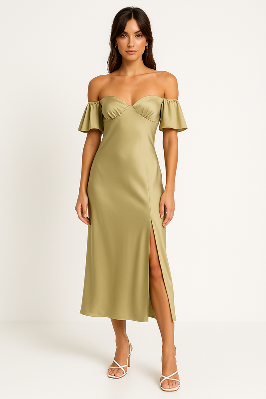 Elegant Midi-Jurk til Kvinder - Slank Pasform med Off-Shoulder Design og V-Back
