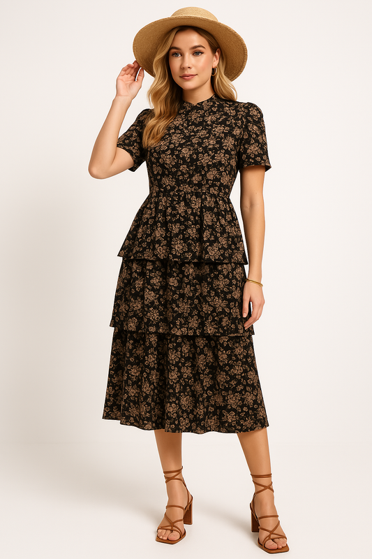 Elegante Midi-Jurk Med Blomsterprint Og Puffmouw - Flatterende Design Og Gedefineret Talje