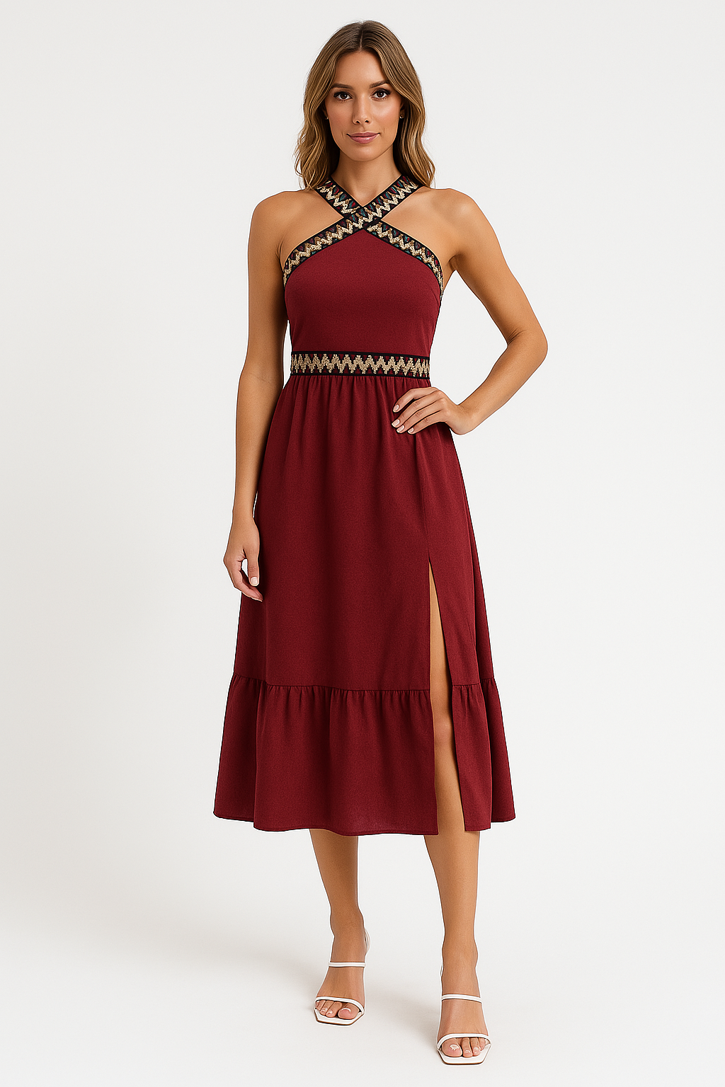 Elegant Criss-Cross Halterkjole Med Høj Slids - Flatterende Midi Længde Til Kvinder