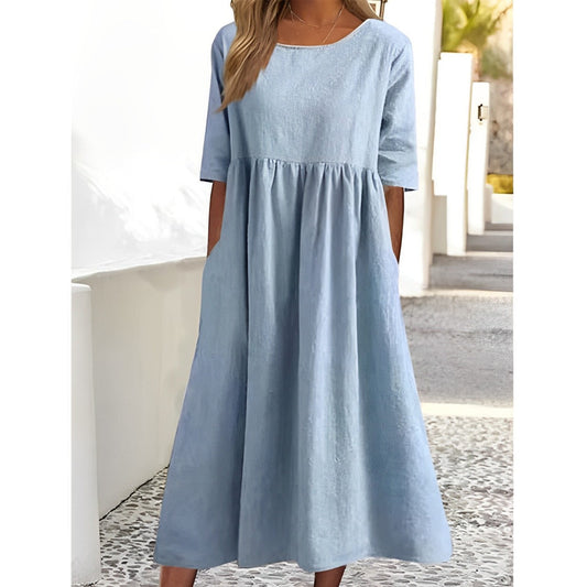 Ella - Midi Kjole i Åndbar Bomulds-Hør med Elegant Lægdesign