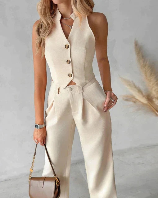 Elegant To-delt Sæt - Mouwløs Vest Top & Lige Bukser til Forår/Sommer