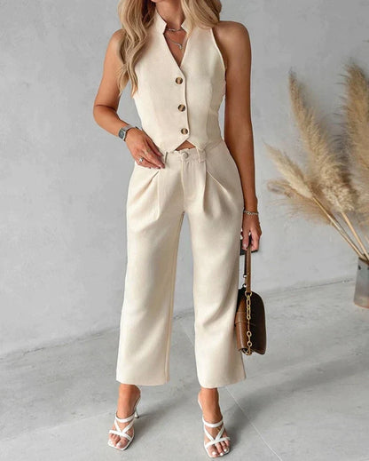 Elegant To-delt Sæt - Mouwløs Vest Top & Lige Bukser til Forår/Sommer