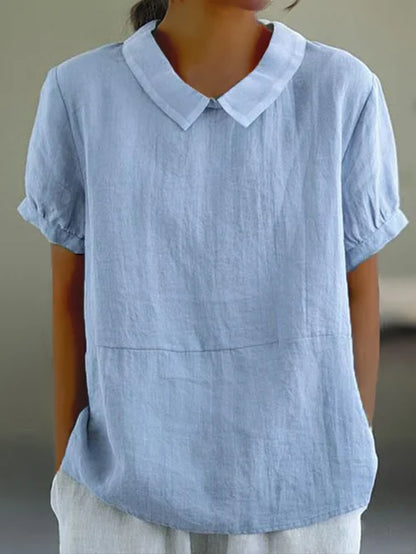 Variant image for Elegant Dameslinnen Blouse Med Korte Ærmer Og Peter Pan Krave - Letvægtsdesign, Flatterende Pasform-1